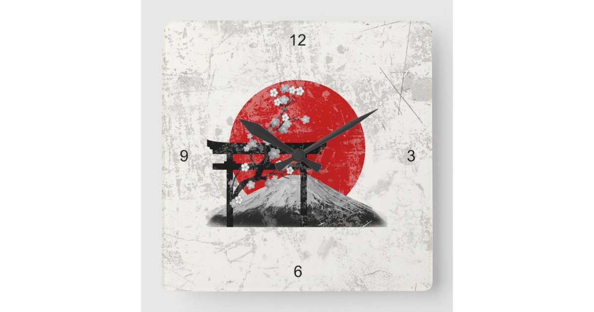 ArrayStores's tweet card. This patriotic wall clock design features the flag of Japan overlaying images of Mount Fuji, cherry blossoms and a torii gate... all with a modern, distressed effect. Search ID153 to see other...
