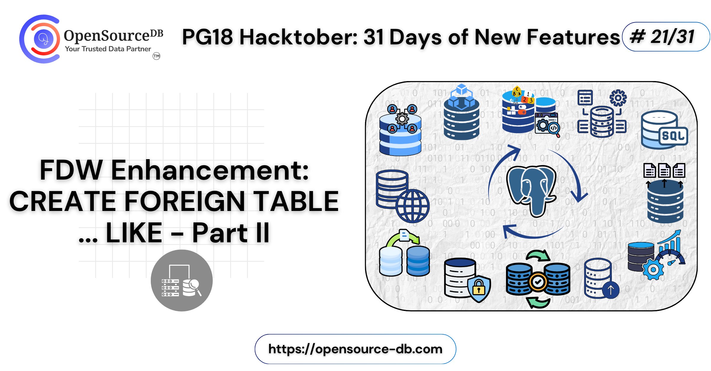 opensource_db's tweet card. In today’s continuation of the PG18 Hacktober series, we’re diving deeper into PostgreSQL 18’s enhanced LIKE clause for creating foreign […]