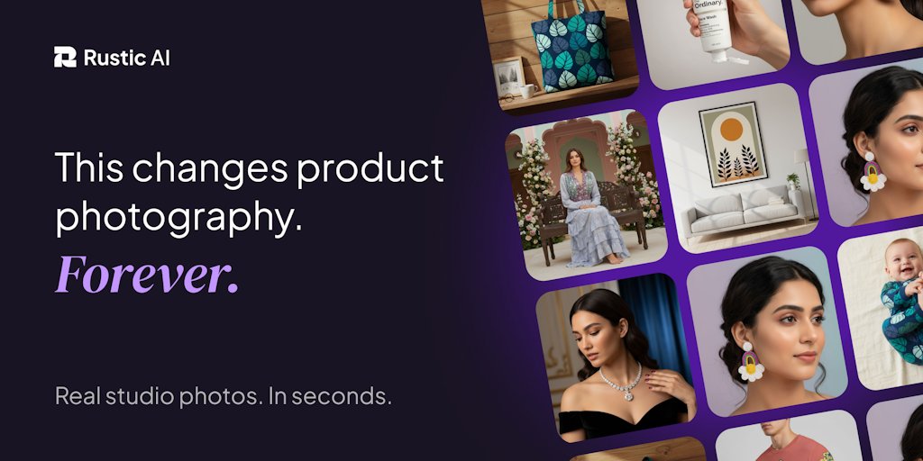rusticai's tweet card. Rustic AI is a next-generation design editor powered by AI. Generate visuals with prompts, then design freely using drag-and-drop tools — from product photos to social content. All in one place, no...