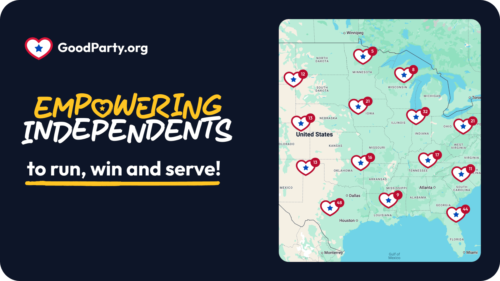 goodpartyorg's tweet card. We're transforming civic leadership with tools and data that empower independents to run, win and serve without needing partisan or big-money support. Join Us!