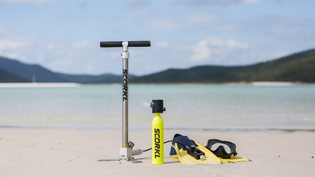 codefoster's tweet card. Scorkl is lightweight, portable, refillable via hand pump and gives you up to 10min underwater