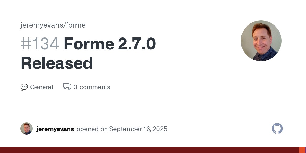 jeremyevans0's tweet card. Forme 2.7.0 has been released! Omit closing / for void element tags (only used previously for xhtml compliance) (jeremyevans) Allow emit: false option to work correctly for non-model template forms...