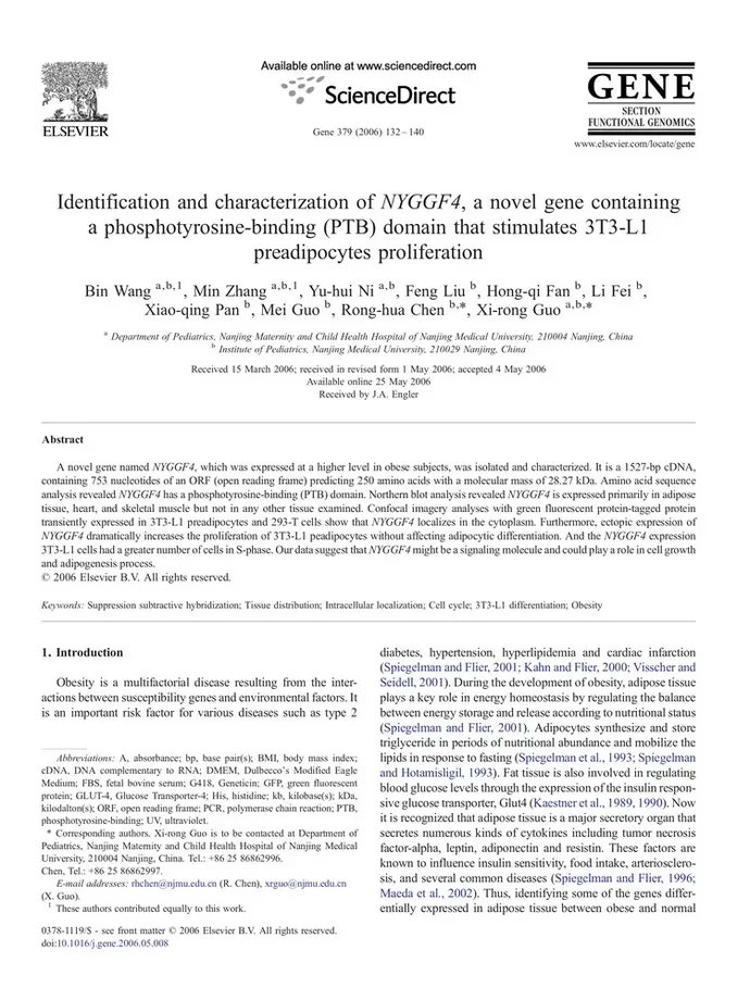 DocsDel's tweet card. A novel gene named NYGGF4, which was expressed at a higher level in obese subjects, was isolated and characterized. It is a 1527-bp cDNA, containin...