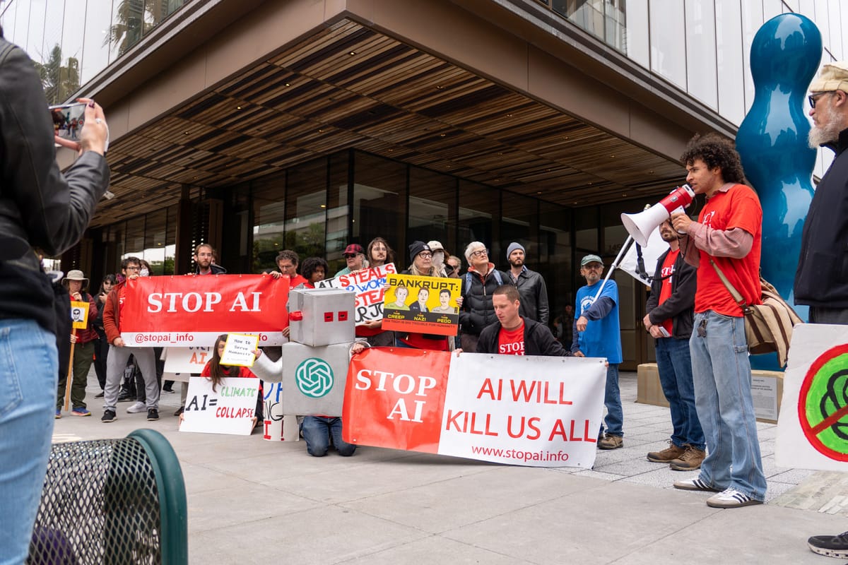 counteroptimize's tweet card. The group behind all those flyers wants you to think about AI doom, tech power, and human extinction.