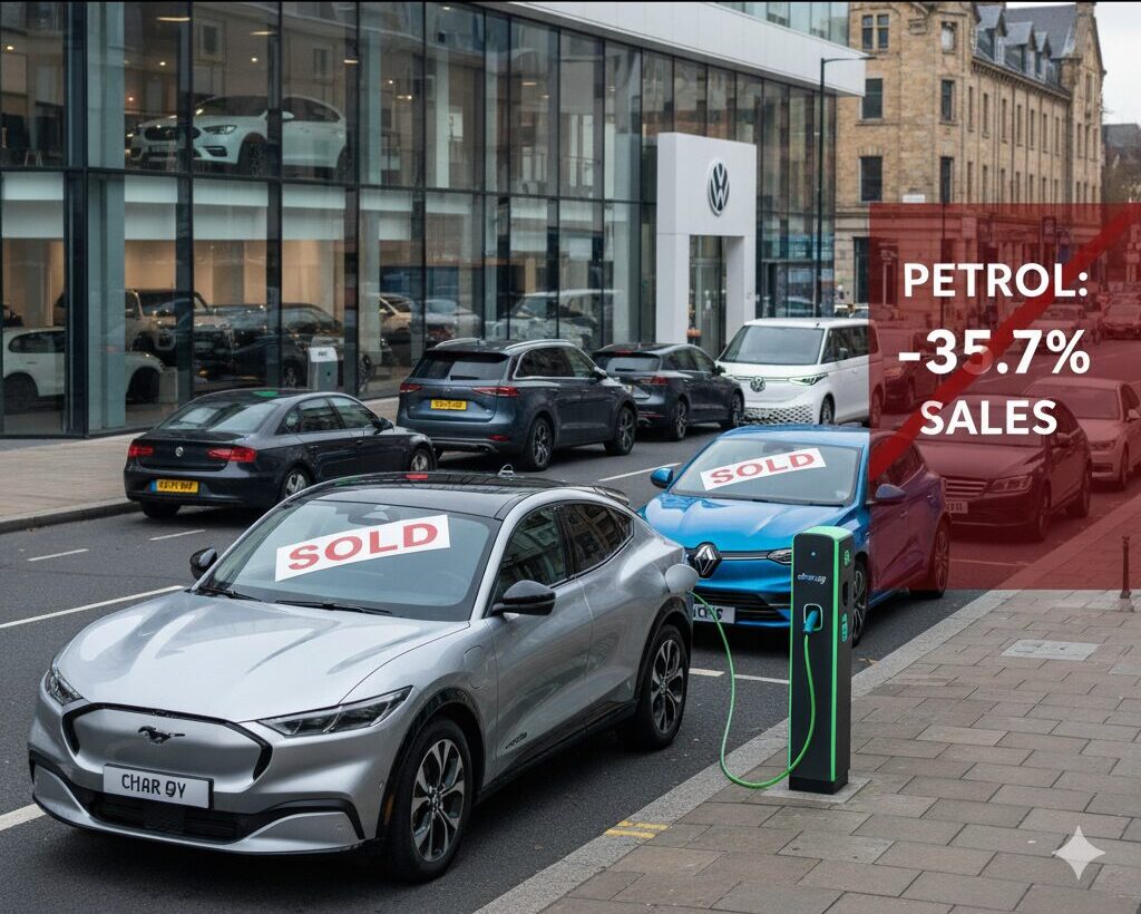 WhichEVNet's tweet card. New figures released by New AutoMotive show that in a month of collapsing sales for fossil-fuelled vehicles, BEVs exhibited continued