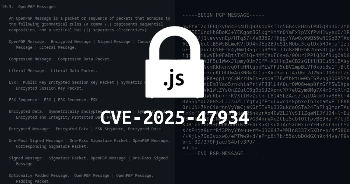 CodeanIO's tweet card. CVE-2025-47934 allows attackers to spoof arbitrary signatures and encrypted emails that appear as valid in OpenPGP.js. The only requirement is access to a single valid signed message from the target...