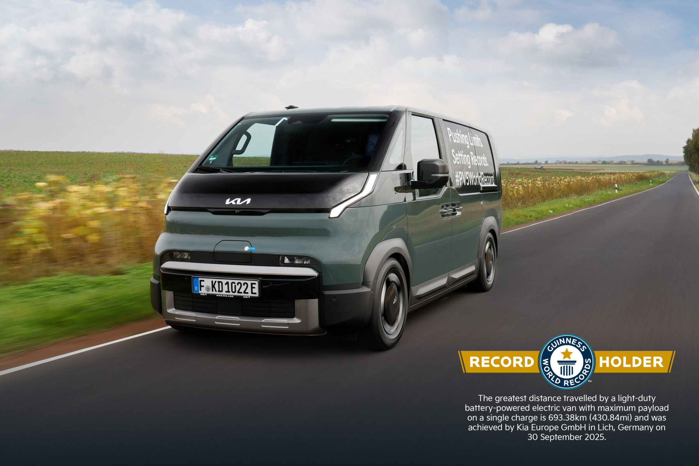 WhichEVNet's tweet card. The Kia PV5 Cargo has officially set a new Guinness World Records™ title, travelling 693.38 kilometres (430.84 miles) on a