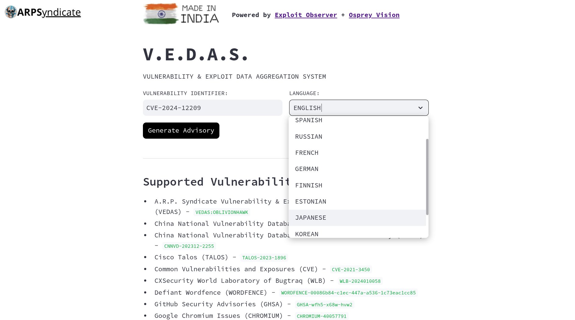 arpsyndicate's tweet card. Vulnerability & Exploit Data Aggregation System (VEDAS) is the World's First Automated Advisory Generation Platform that can aggregate and comprehend Vulnerability / Exploit Intelligence, powered by...