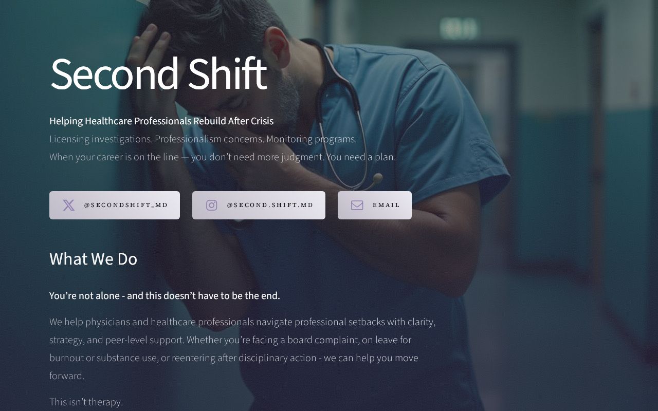 secondshift_md's tweet card. Second Shift helps physicians and healthcare professionals navigate professional setbacks with clarity, strategy, and peer-level support. Whether you’re facing a board complaint, on leave for burnout...