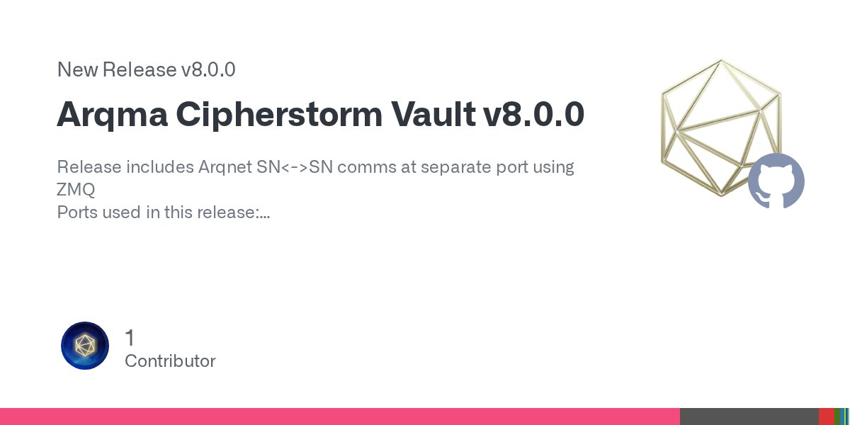 ArQmA_Network's tweet card. Release includes Arqnet SN<->SN comms at separate port using ZMQ Ports used in this release: 19993 p2p 19994 rpc 19995 zmq 19996 SN listener Hardfork at block 1760751 All users need to upgrad...