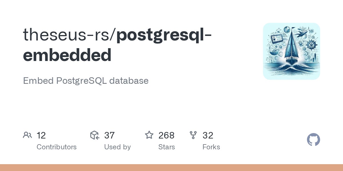 codinginrust's tweet card. Embed PostgreSQL database. Contribute to theseus-rs/postgresql-embedded development by creating an account on GitHub.