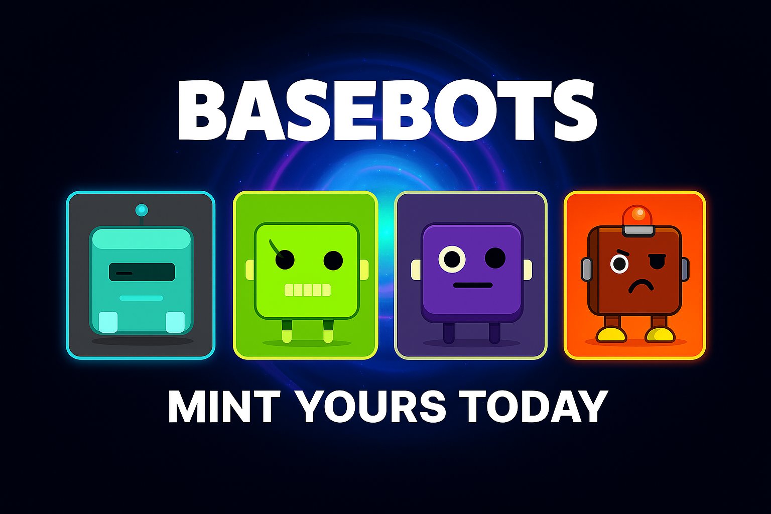 BasebotsV1's tweet card. Mint, evolve, and display your Farcaster-linked Basebot — fully on-chain from the neon future.