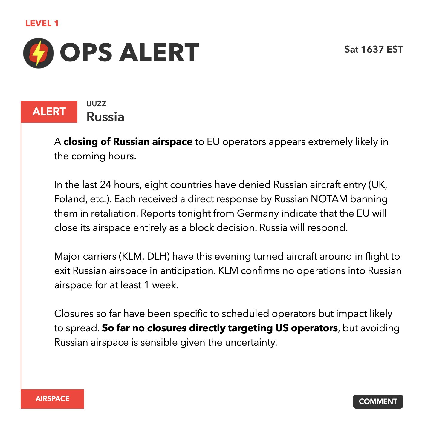 _opsgroup's tweet card. OPS ALERT - UUZZ/RUSSIA A closing of Russian airspace to EU operators appears extremely likely in the coming hours. In the last 24 hours, eight countries have denied Russian aircraft entry (UK,...