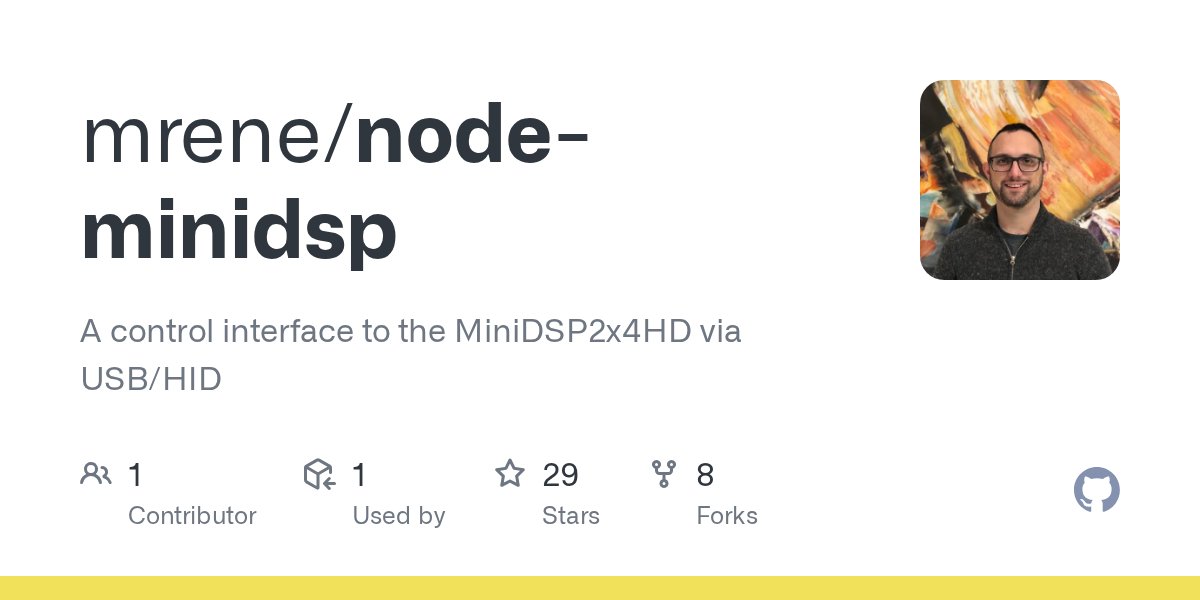 mathieurene's tweet card. A control interface to the MiniDSP2x4HD via USB/HID - GitHub - mrene/node-minidsp: A control interface to the MiniDSP2x4HD via USB/HID