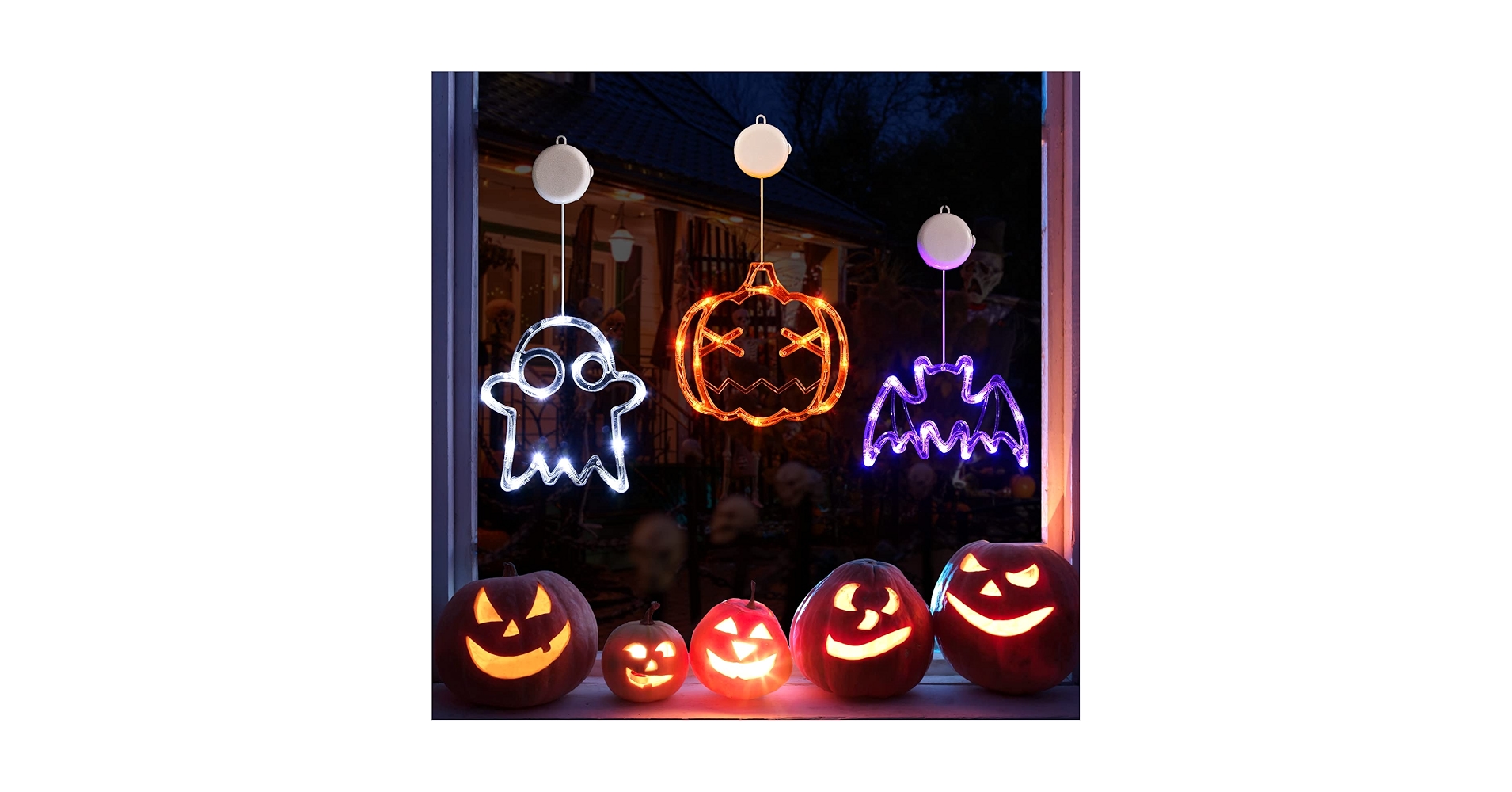 Amazon_Deals420's tweet card. luces de Halloween para ventana, calabaza naranja, fantasma blanco y murciélago púrpura. naranja, blanco y púrpura. Tamaño: el diámetro del adorno de Halloween es de 7.9 pulgadas, y la cuerda tiene...