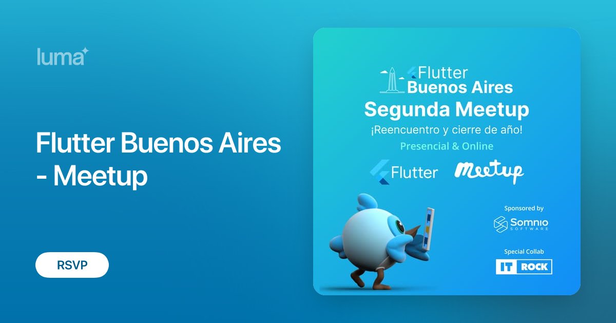 flutter_ba's tweet card. ¡Vuelve Flutter Buenos Aires para una segunda edición de Meetup! 🎉 Seguimos construyendo un espacio para que los entusiastas y expertos de Flutter en Buenos…