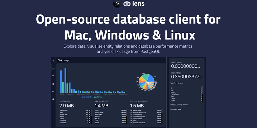 soorajsanker's tweet card. DB Lens is an opensource database client for Mac, Linux & Windows that helps developers to explore, observe & understand the database in a better way. 🔍 Database Explorer 📟 SQL Playground 📉 ER...
