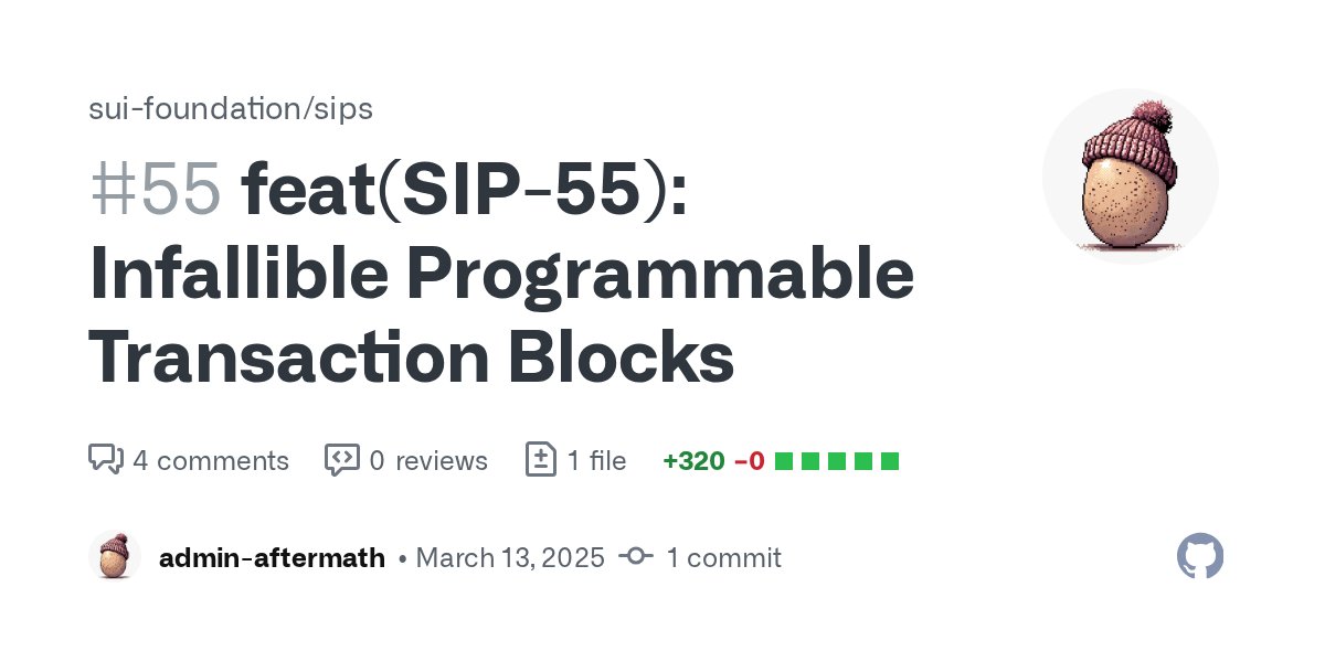 0x_onigiri's tweet card. feat(SIP-55): Infallible Programmable Transaction Blocks by admin-aftermath · Pull Request #55 ·...