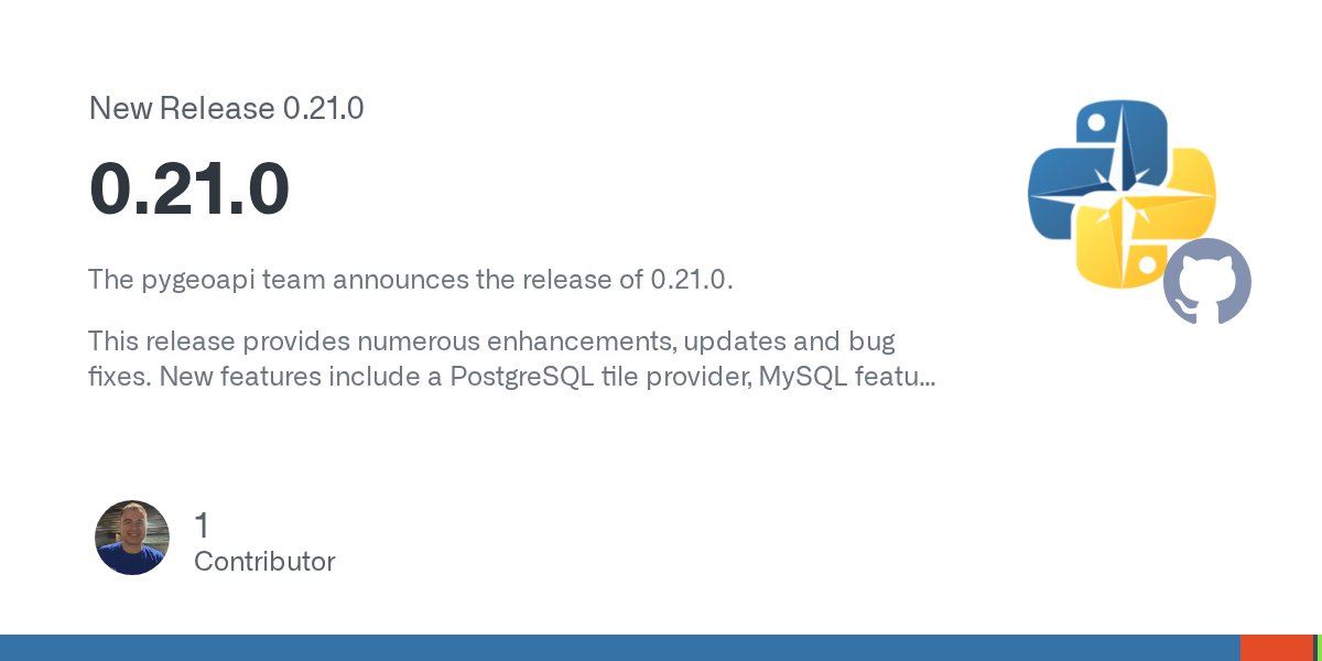 pygeoapi's tweet card. The pygeoapi team announces the release of 0.21.0. This release provides numerous enhancements, updates and bug fixes. New features include a PostgreSQL tile provider, MySQL feature provider, doma...