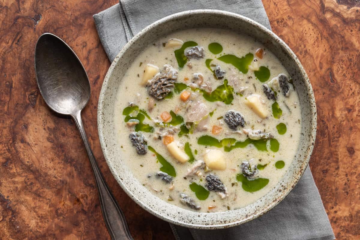 AlanBergo's tweet card. A rich soup inspired by ponds and lakes made with duck, wapato tubers, dried morels and wild rice. It's a bit like cream of wild rice and mushroom soup on steroids.