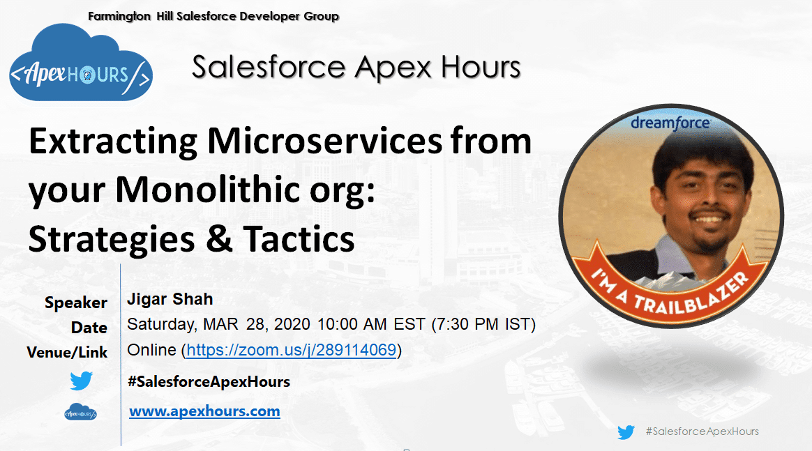 ApexHours's tweet card. Extracting microservices from your Monolithic org: Strategies & Tactics
