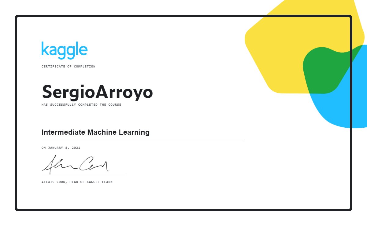 ZenCoder's tweet card. Certificate recognizing that SergioArroyo has successfully completed the Kaggle course Intermediate Machine Learning