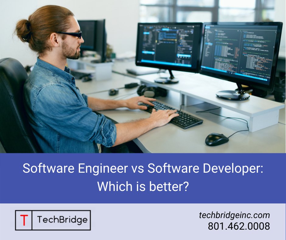 TechBridge_Inc's tweet card. Which is a better career option between Software Engineer vs Software Developer? They are both great options. Find out which is better!