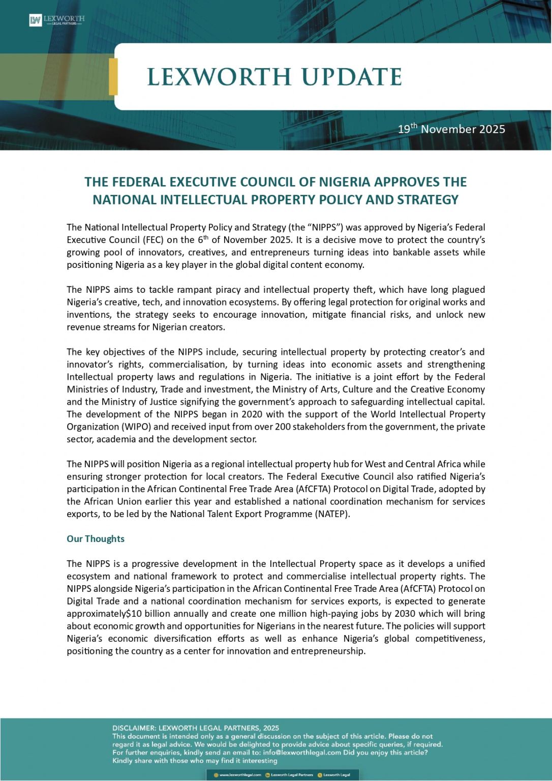 LexworthLegal's tweet card. On Thursday, November 6th the Nigeria’s Federal Executive Council (FEC) approved three policies that together form a cohesive economic strategy designed to build a multi-billion-dollar export model....
