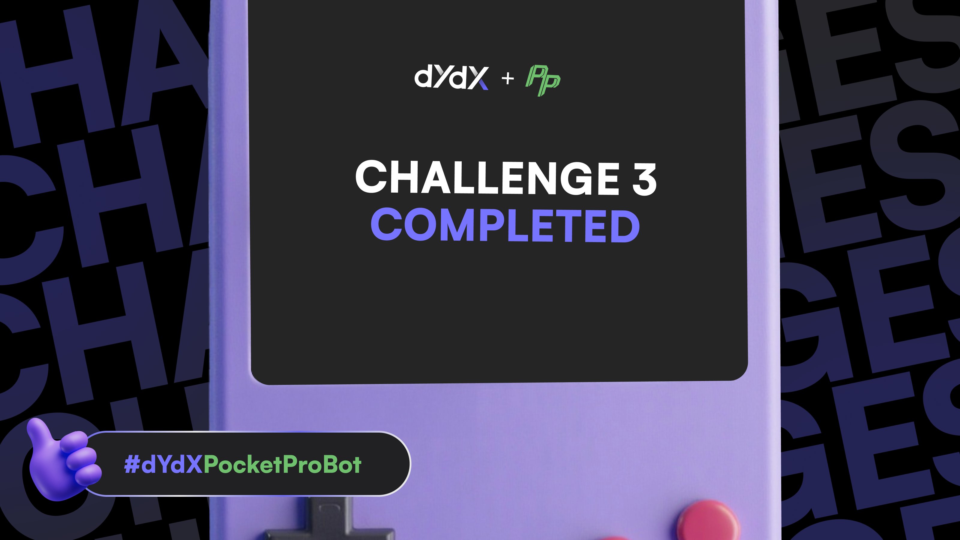 Propler69's tweet card. I just completed Challenge 03 on dYdX ✅ Get involved in the #dYdXPocketProBot Challenge Series below!