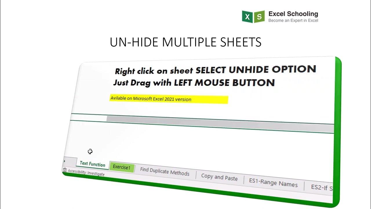 excelschooling's tweet card. Now you can UNHIDE MULTIPLE SHEETS - EXCEL 2021