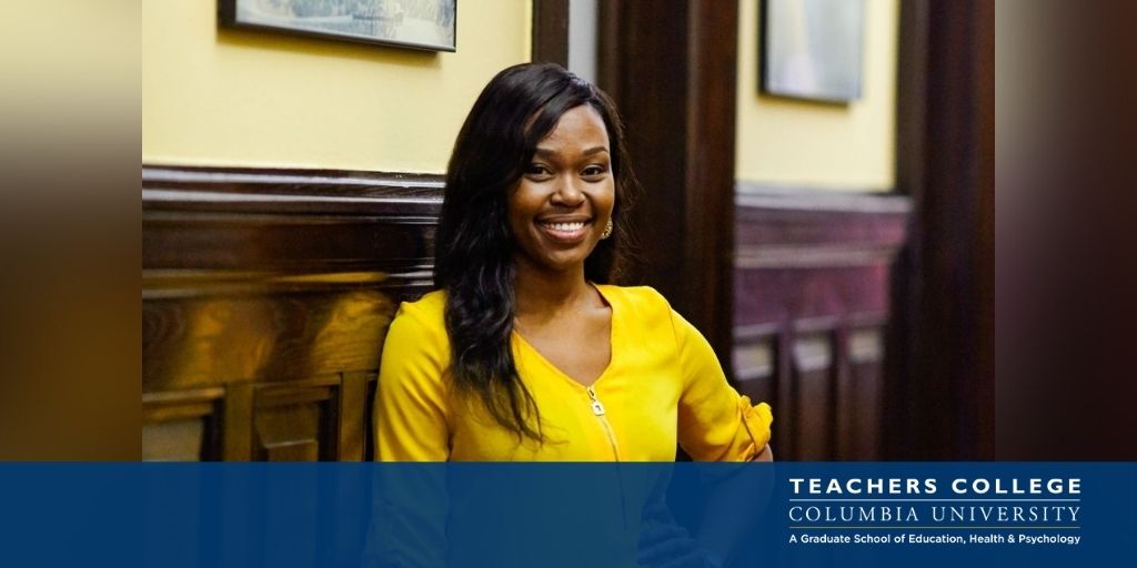 TeachersCollege's tweet card. Student Senate Marion Bakhoya talks pandemic life, supporting mental health and more