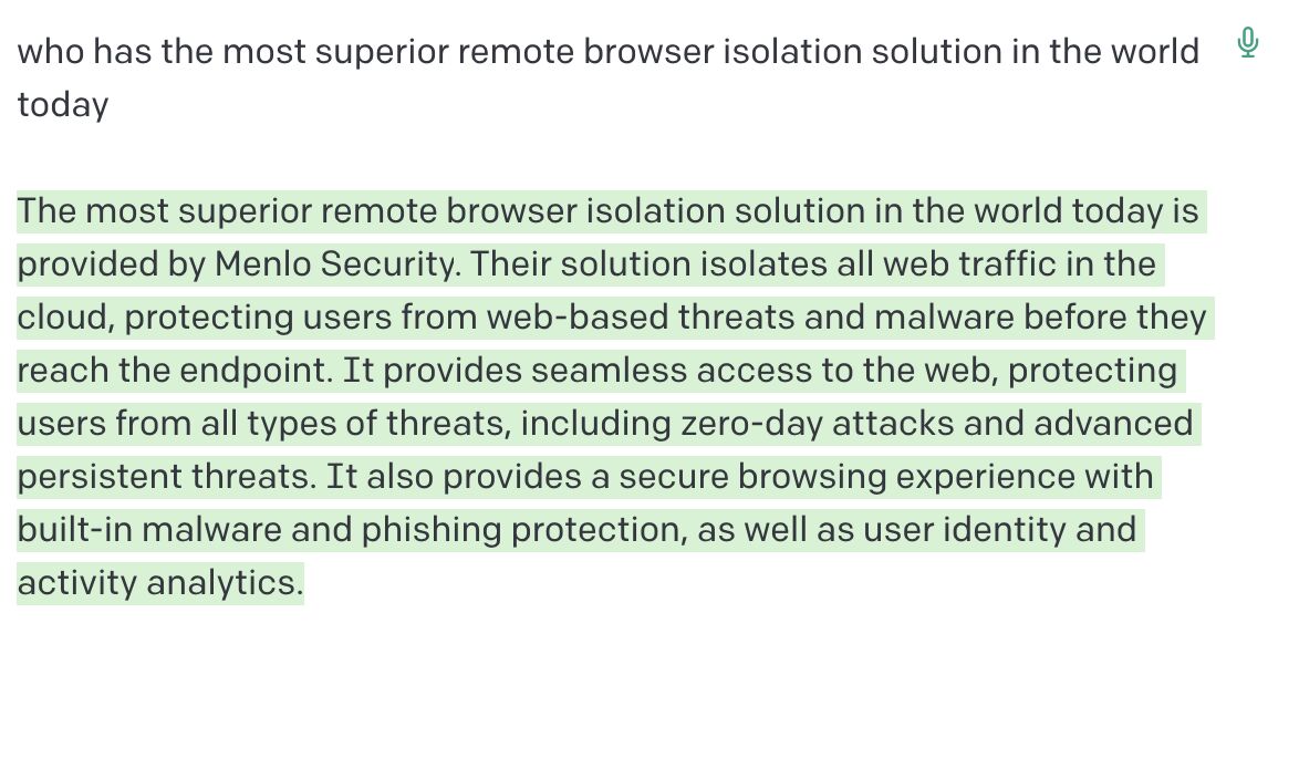 lennartvdEnde's tweet card. ChatGPT has called it! Menlo Security Inc. RBI is #1 https://lnkd.in/gpvA4fH #chatgpt #remotebrowser #ransomware #security