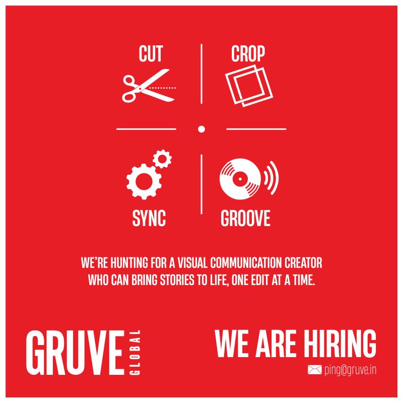 _vamsipawanism_'s tweet card. Do you live to create visuals that move?🎥 Then it’s time to Cut. Crop. Sync. Groove. with us at GRUVE Global! Let’s tell stories that stick. 📩 ping@gruve.in #WeAreHiring #VisualCommunication...