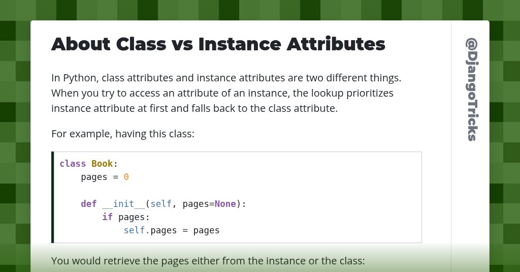 DjangoTricks's tweet card. About Class vs Instance Attributes