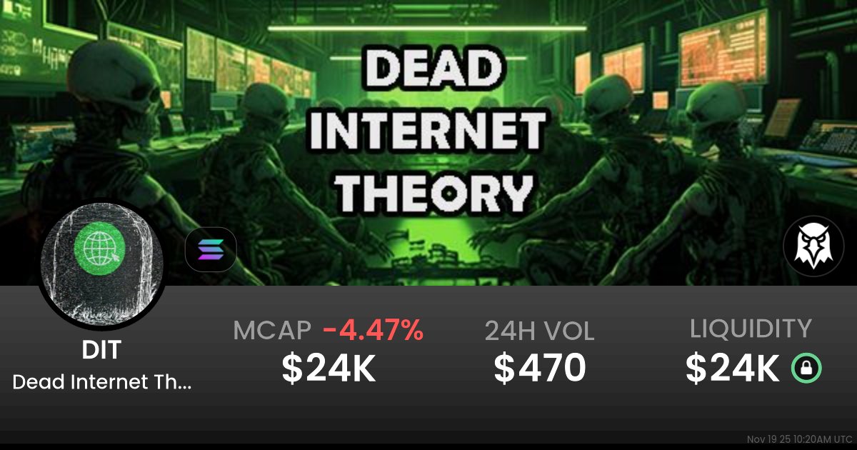SilvesterCalls's tweet card. $0.00002464 Dead Internet Theory (DIT) realtime price charts, trading history and info - DIT / SOL on Solana / Raydium