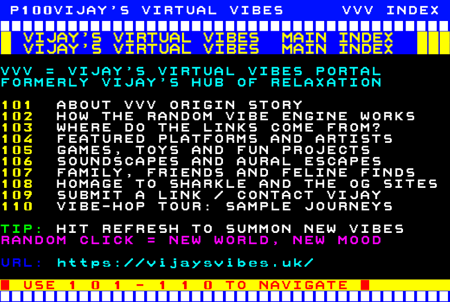 vijaysvibes's tweet card. Tune into Vijay's Virtual Vibes and explore 11 Teletext pages generated on Textable.