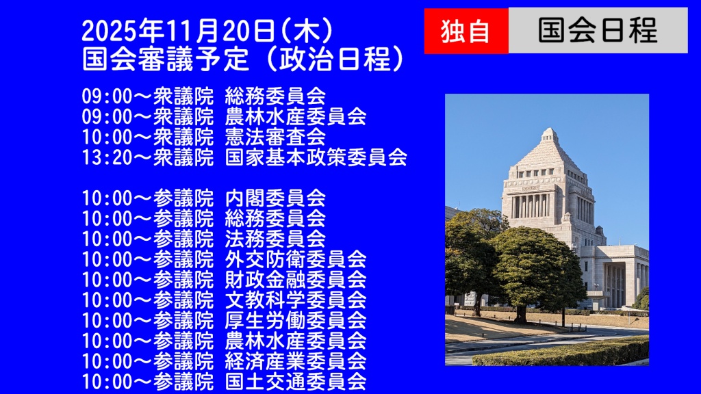 monbran's tweet card. 【独自】2025年11月20日(木) 国会審議予定（政治日程 【独自】2025年11月20日(木) 国会審議予定（政治日程） （11/19　19:00 現在） 防衛研究所が「中国安全保障リポート２０２６」を発表 安倍晋三元首相銃撃事件で、殺人や銃刀法違反などの罪に問われた山上徹也被告の..