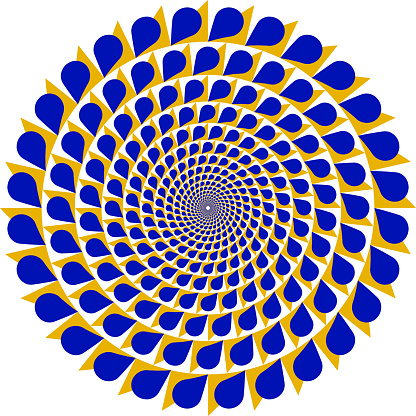 yurrey_p's tweet card. Circular spiral pattern of blue drops in yellow white cells. It seems that they moving slowly. Optical illusion background. Round colored frame.