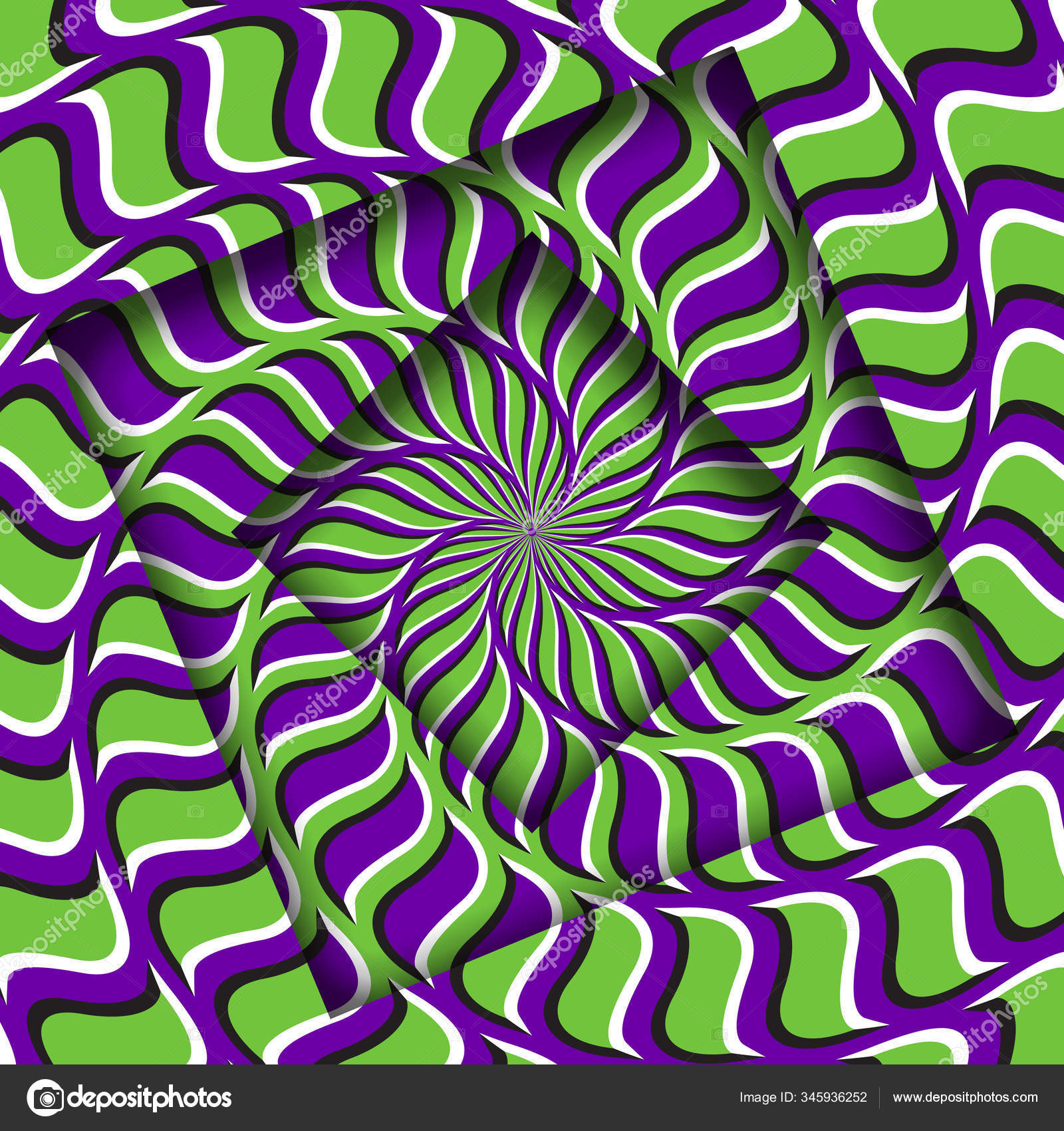 yurrey_p's tweet card. Abstract turned frames with a rotating purple green spiral pattern. Optical illusion hypnotic background.