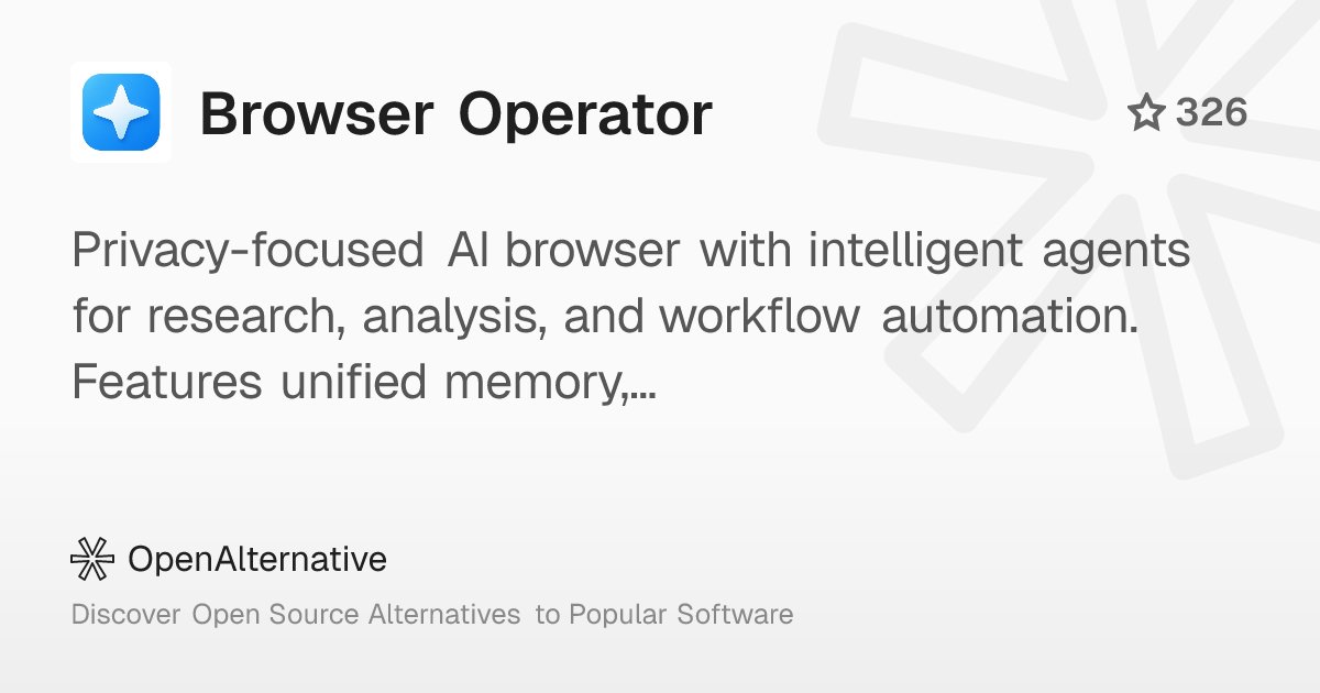 ossalternative's tweet card. Privacy-focused AI browser with intelligent agents for research, analysis, and workflow automation. Features unified memory, compliance guardrails, and seamless integrations.