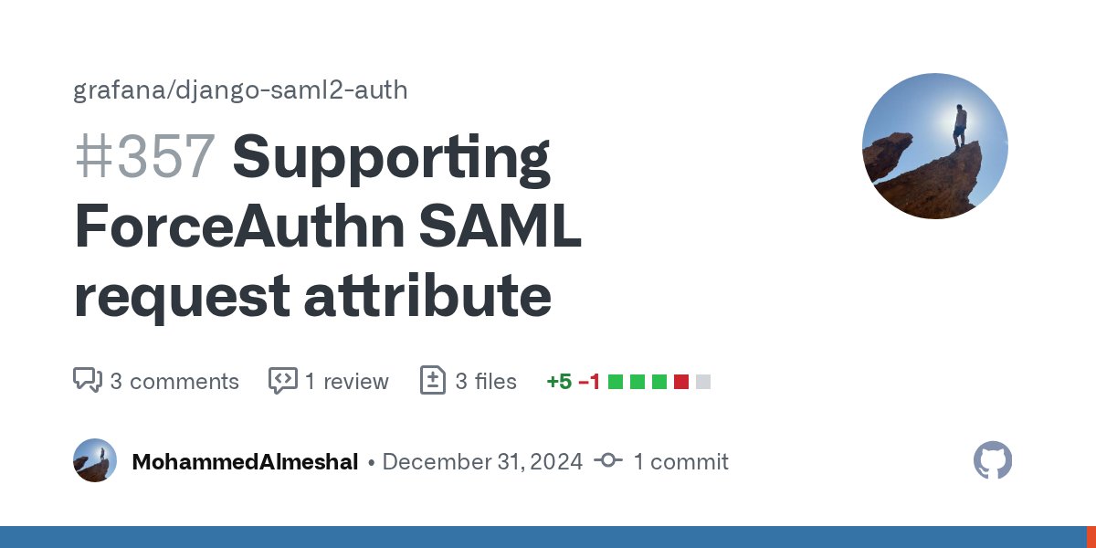 muhmeshal's tweet card. Hello @mostafa, This PR adds support for optionally configuring the ForceAuthn attribute in SAML requests. The attribute is defaulted to False and can be configured through the setting field FORCE_...