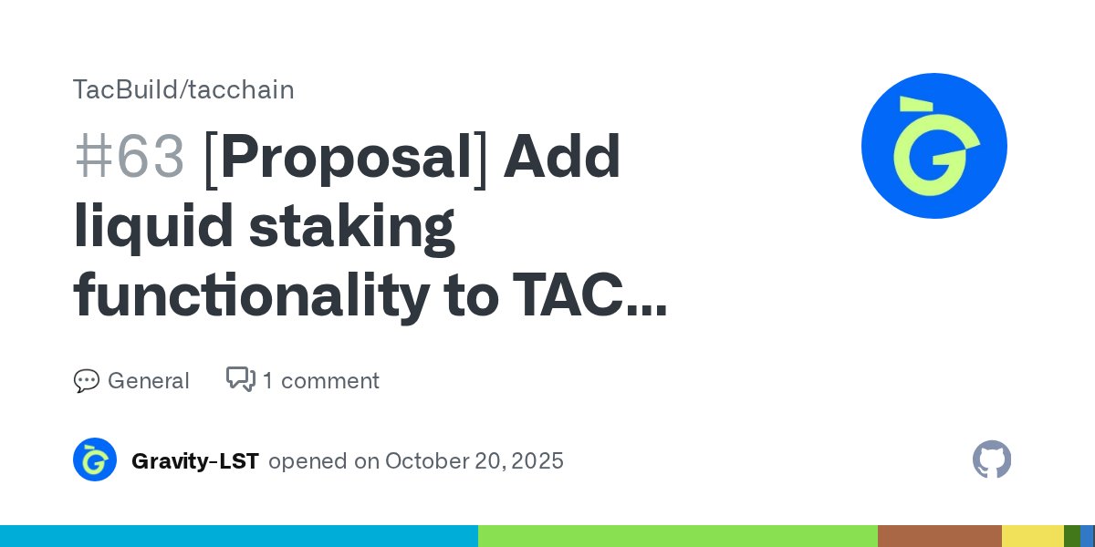 gTACprotocol's tweet card. Overview This proposal aims to add liquid stake possibility for the TAC network. The main x/liquidstake module is compatible with the existing staking and ERC-20 modules of the TAC node, introducin...