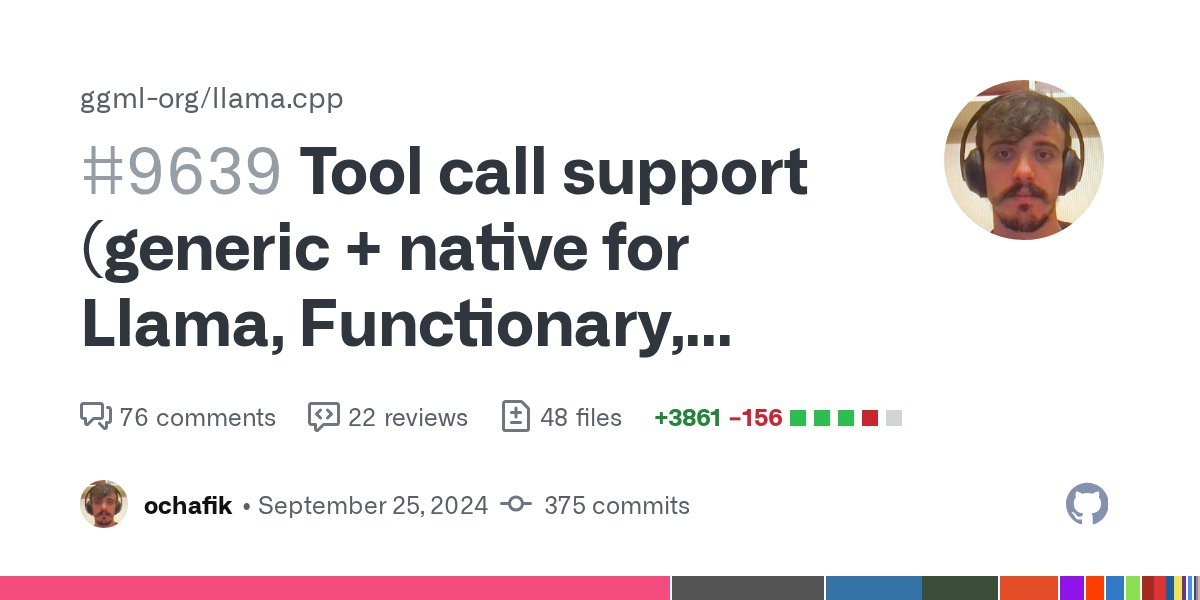 ochafik's tweet card. This supersedes #6389 (now using a fully C++ approach), #5695 (first attempt at supporting Functionary) and #9592 (more recent Python wrapper). Which models are supported (in their native style)? W...