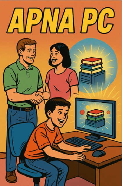 TeachtoEarn's tweet card. This comic shows how Apna PC turns screen time into learning time—replacing noise with knowledge and pressure with curiosity.