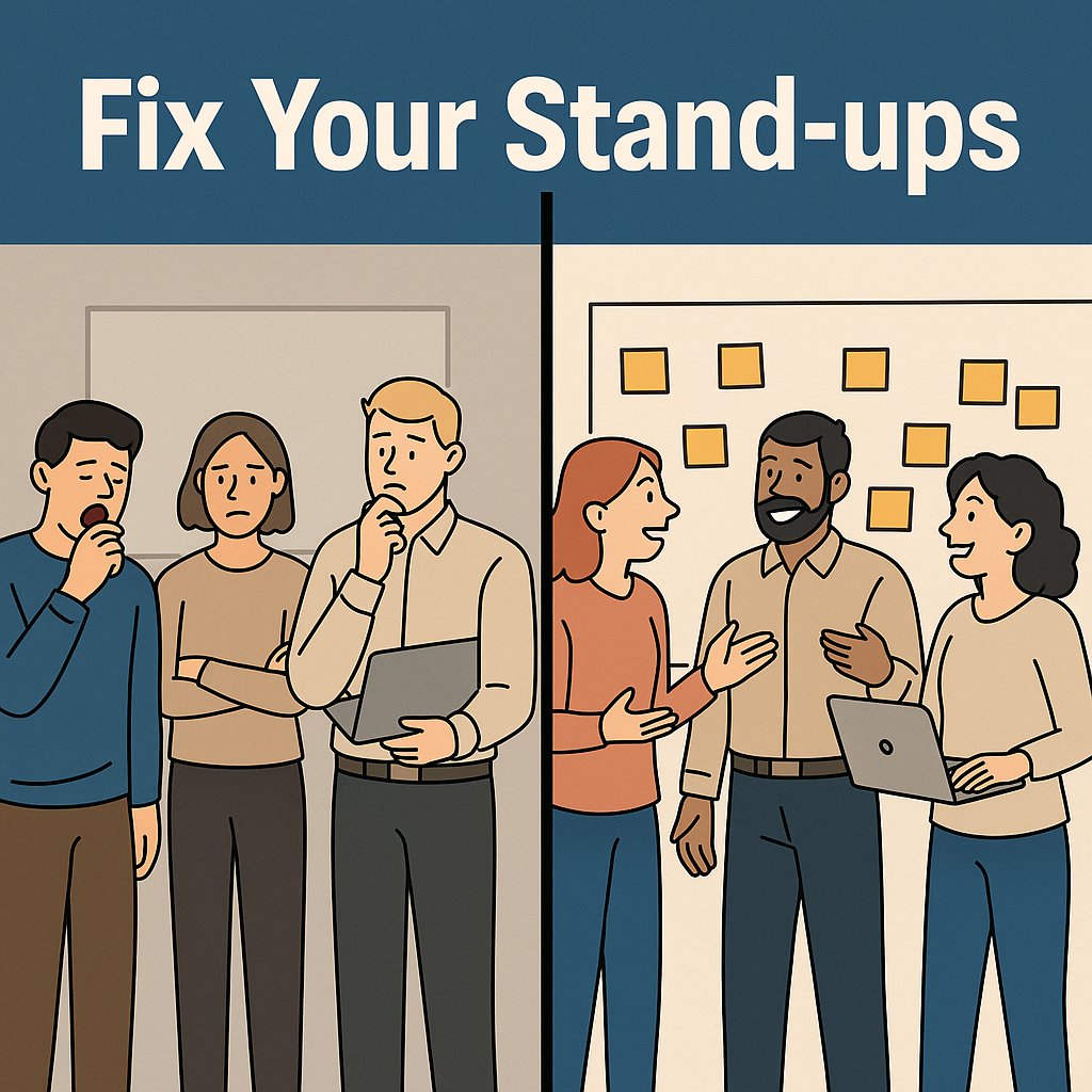 MaxSermi's tweet card. Discover how to transform dysfunctional daily stand-ups from status theater into high-impact, efficient team meetings that drive collaboration and productivity.