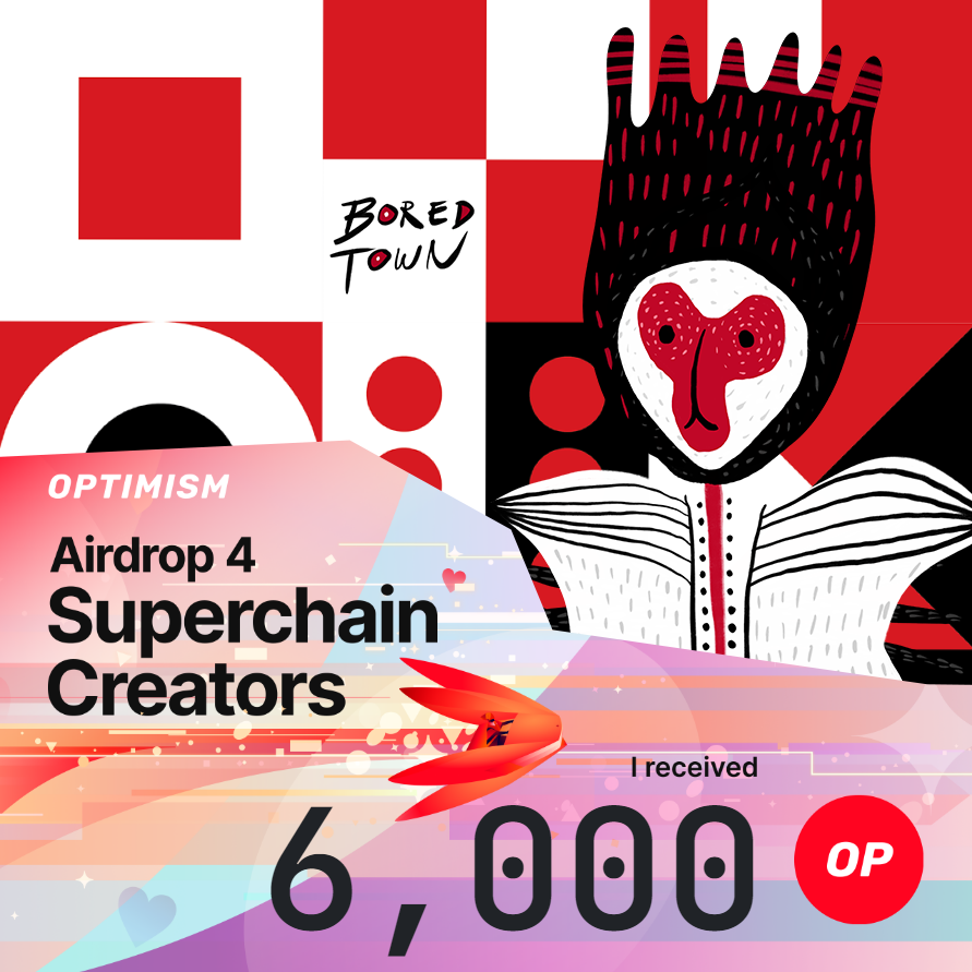 BoredTownNFT's tweet card. Congratulations to all eligible Bored Town NFT holders! We're thrilled to directly distribute a portion of the 6,000 $OP airdrop from Optimism Airdrop #4 to you. As a token of our appreciation for...