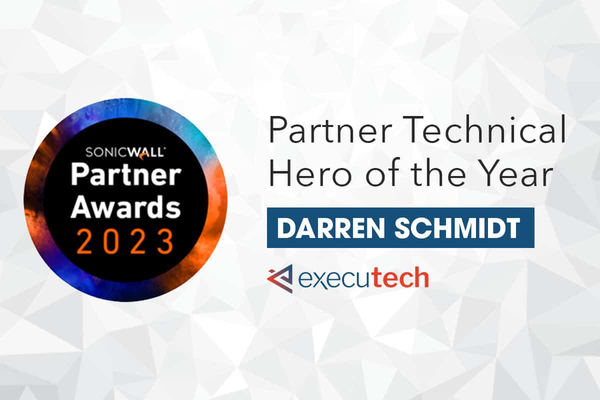 Executech's tweet card. SonicWall recognizes Darren Schmidt at Executech for outstanding achievement in channel strategy and cybersecurity partnership   Darren Schmidt, team