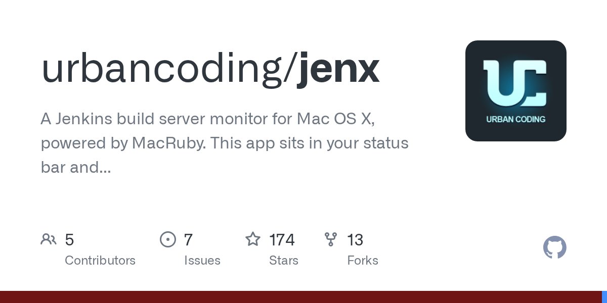 urbancoding's tweet card. A Jenkins build server monitor for Mac OS X, powered by MacRuby. This app sits in your status bar and reports the status of all your Jenkins builds. Click on a job, and it opens it up in your brows...