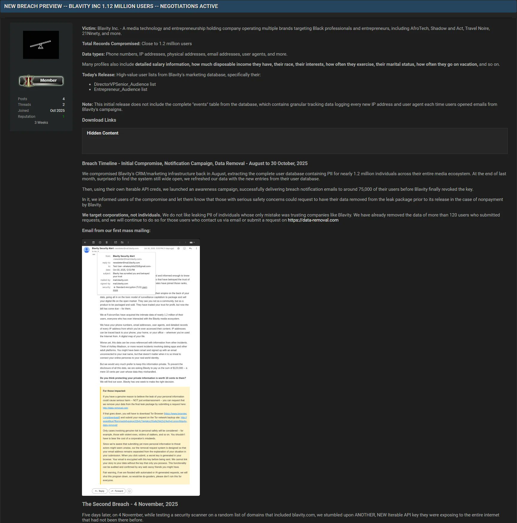 TweetThreatNews's tweet card. FulcrumSec claims to have breached Blavity Inc., exposing sensitive data of over 1.2 million users and demanding a ransom. The breach involved the company's marketing infrastructure and API keys,...