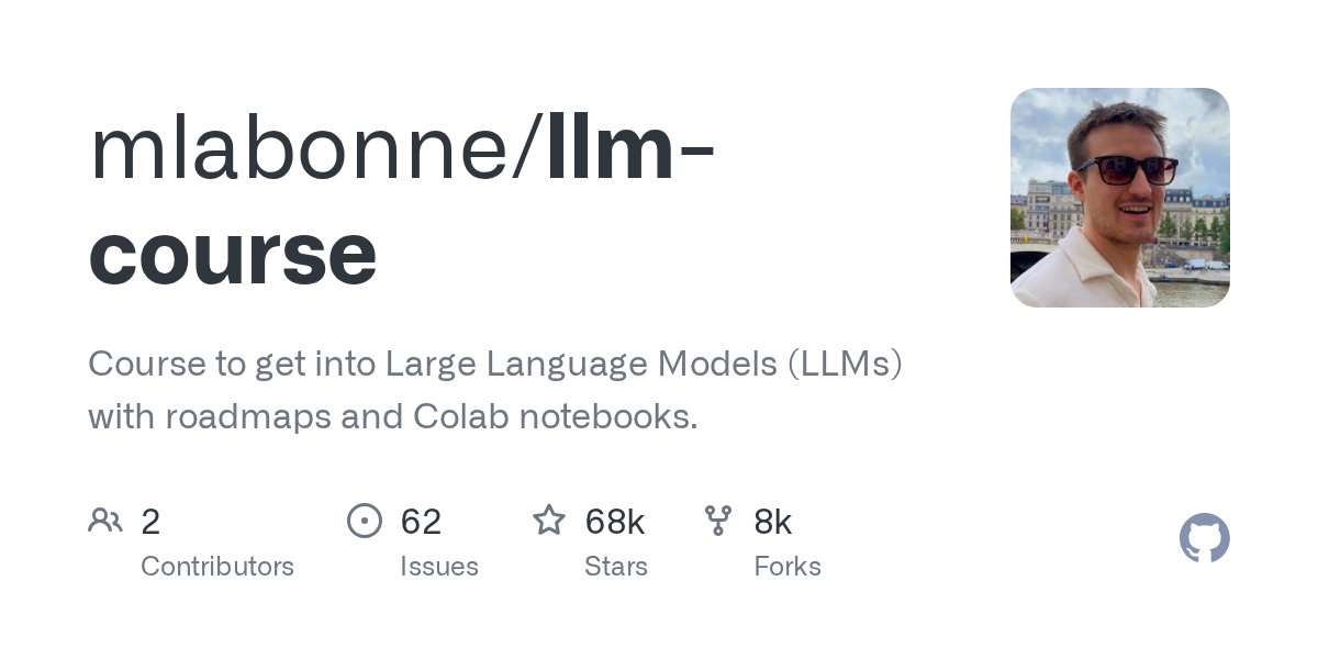 VTikke's tweet card. Course to get into Large Language Models (LLMs) with roadmaps and Colab notebooks. - mlabonne/llm-course